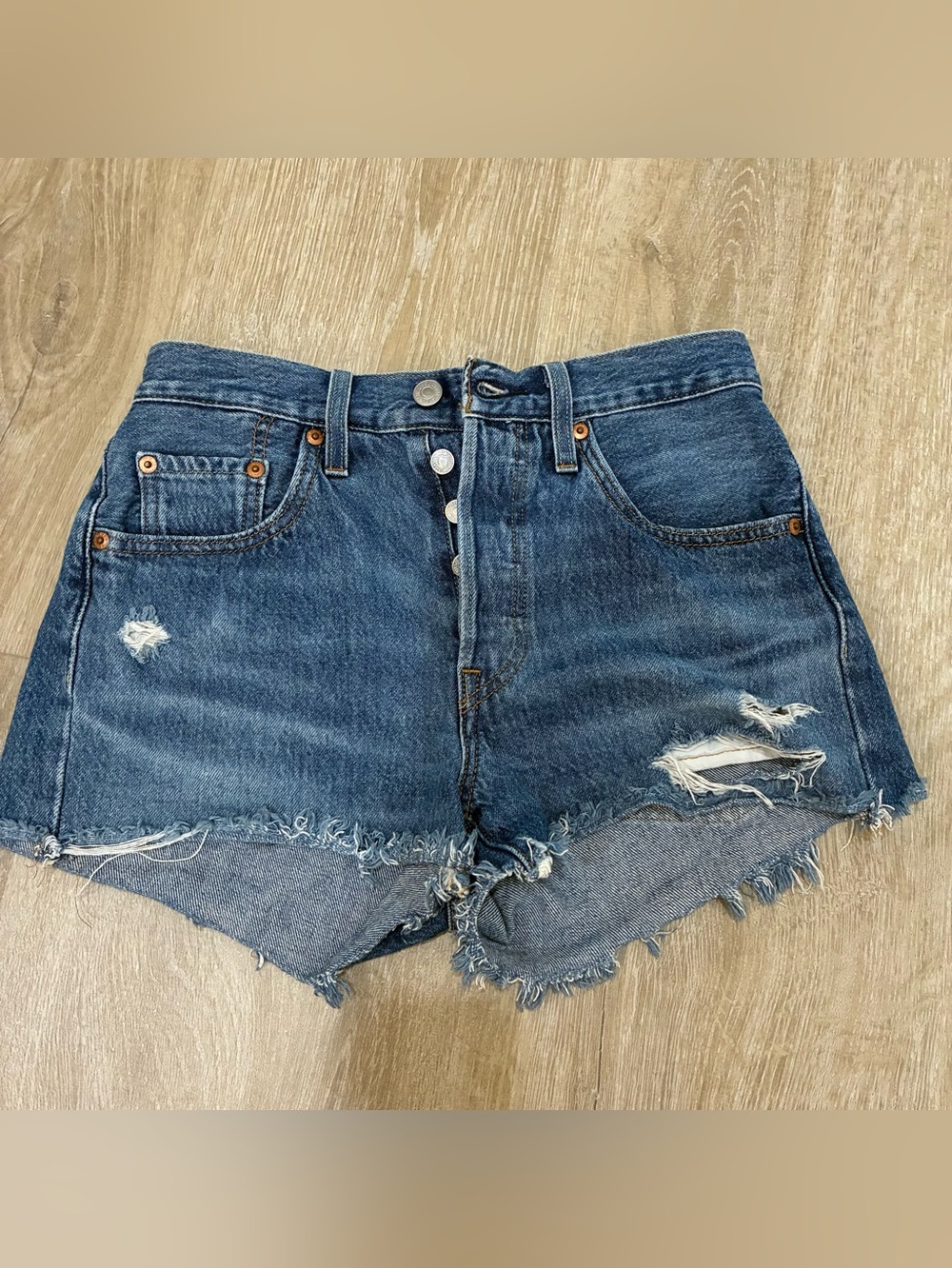 Levi’s 501 Original High Rise Denim Shorts - Distressed Raw Hem - Size 24